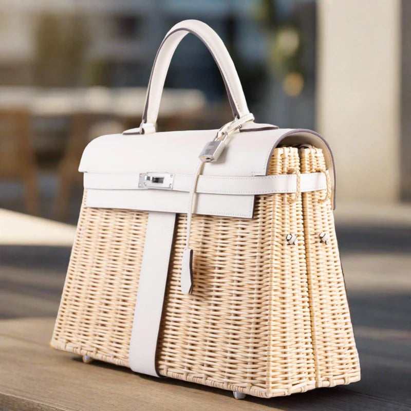 Hermès Picnic Kelly 35 Nata Swift and Osier Wicker Palladium Hardware