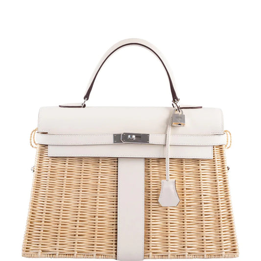 Hermès Picnic Kelly 35 Nata Swift and Osier Wicker Palladium Hardware