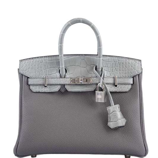 Hermès Touch Birkin 25 Gris Meyer Togo and Gris Cement Matte Alligator Palladium Hardware