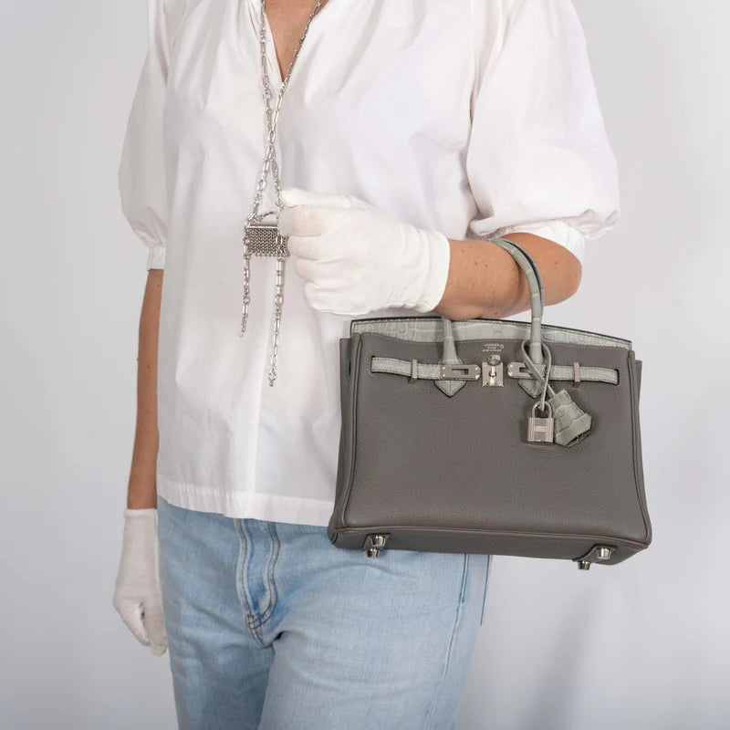 Hermès Touch Birkin 25 Gris Meyer Togo and Gris Cement Matte Alligator Palladium Hardware