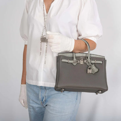 Hermès Touch Birkin 25 Gris Meyer Togo and Gris Cement Matte Alligator Palladium Hardware