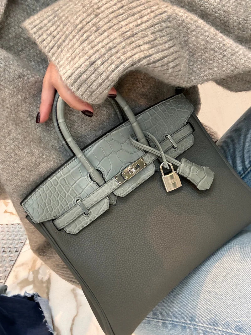 Hermès Touch Birkin 25 Gris Meyer Togo and Gris Cement Matte Alligator Palladium Hardware