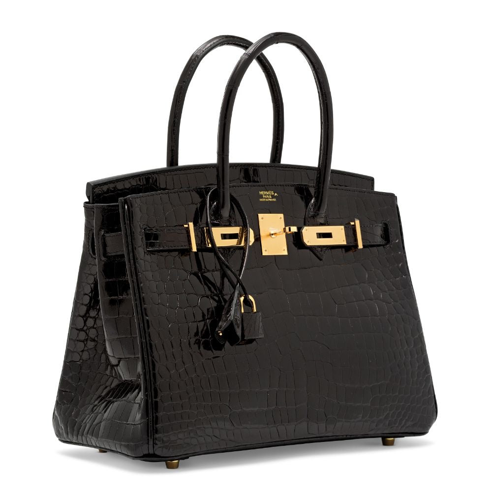  Hermès || 30cm Birkin Black Shiny Porosus Crocodile || Gold Hardware