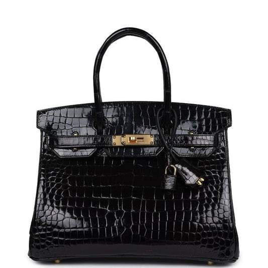  Hermès || 30cm Birkin Black Shiny Porosus Crocodile || Gold Hardware