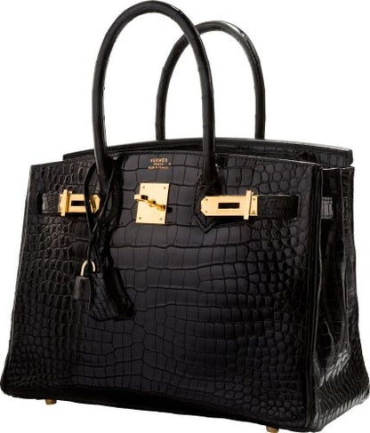  Hermès || 30cm Birkin Black Shiny Porosus Crocodile || Gold Hardware