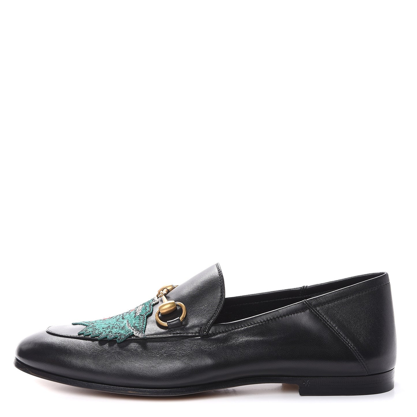 Gucci Black Leather Brixton Wolf Applique Horsebit Loafers