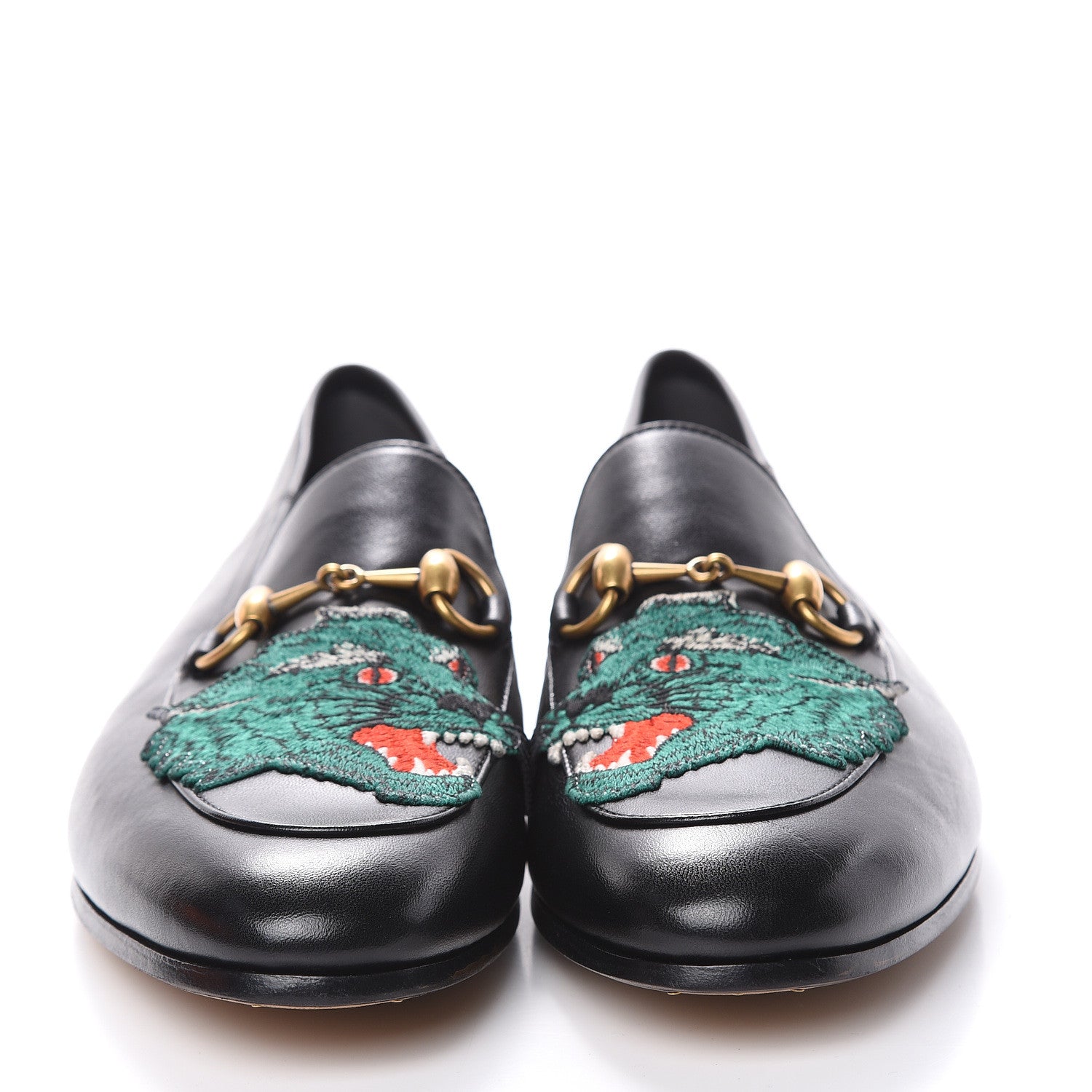 Gucci Black Leather Brixton Wolf Applique Horsebit Loafers