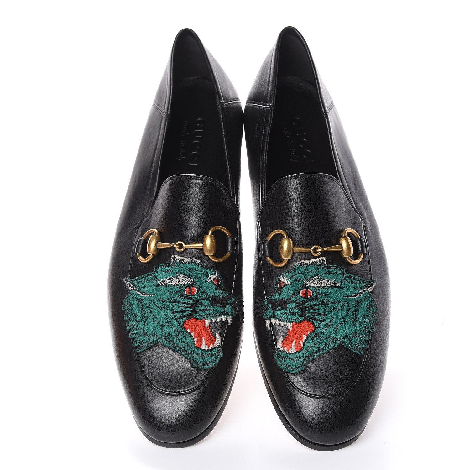 Gucci Black Leather Brixton Wolf Applique Horsebit Loafers