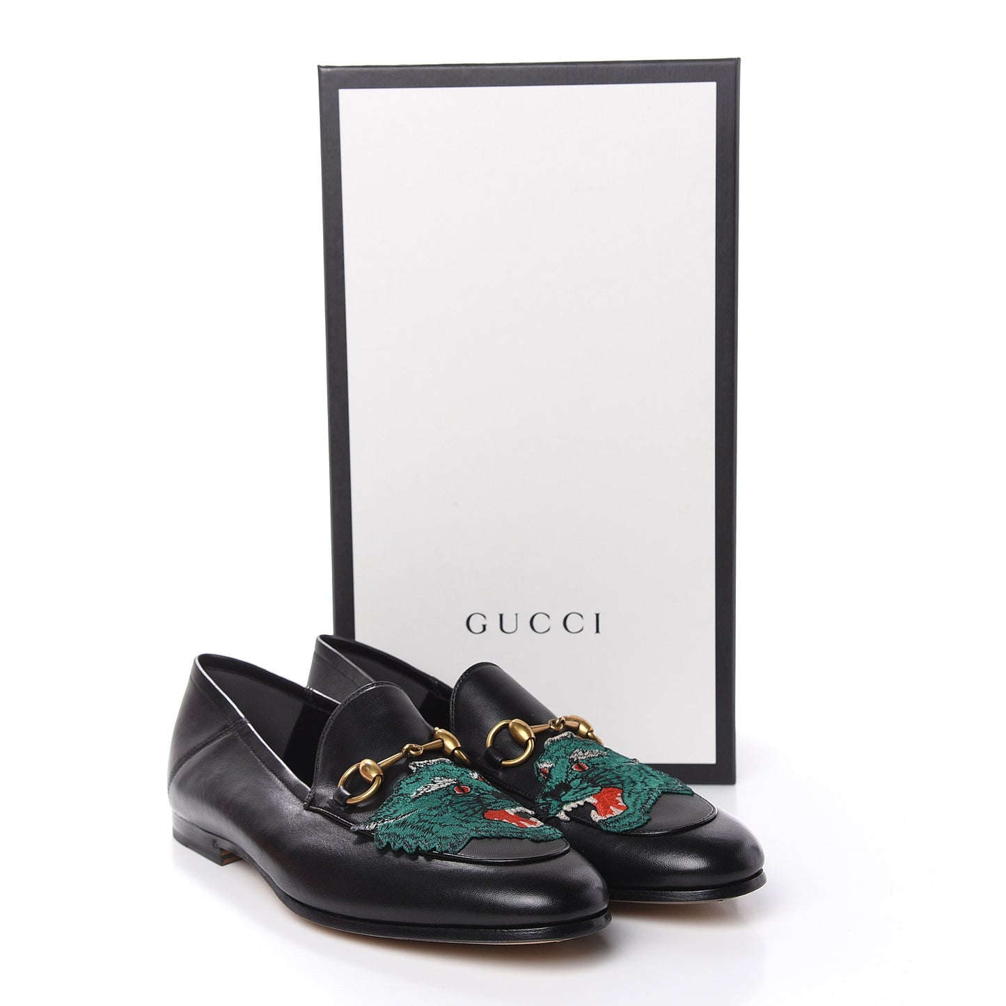 Gucci Black Leather Brixton Wolf Applique Horsebit Loafers