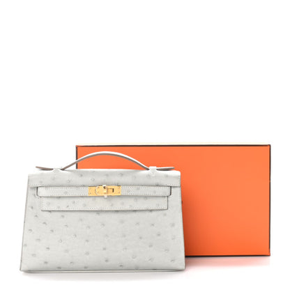 HERMES Ostrich Kelly Pochette Clutch Gris Perle