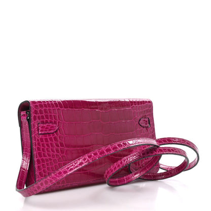 HERMES Shiny Alligator Kelly Wallet To Go Rose Pourpre