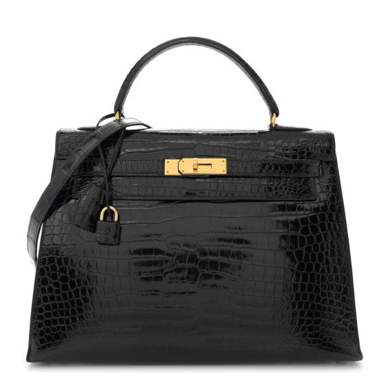 HERMES Shiny Porosus Crocodile Kelly Sellier 32 Black