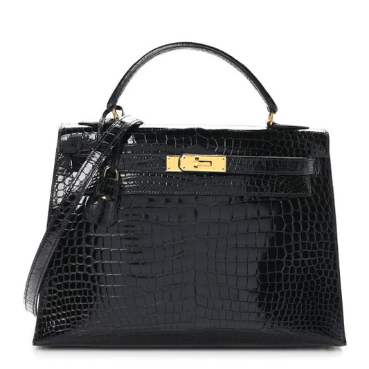 HERMES Shiny Porosus Crocodile Kelly Sellier 32 Black