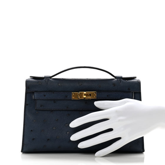 HERMES Ostrich Kelly Pochette Clutch  Bleu Roi