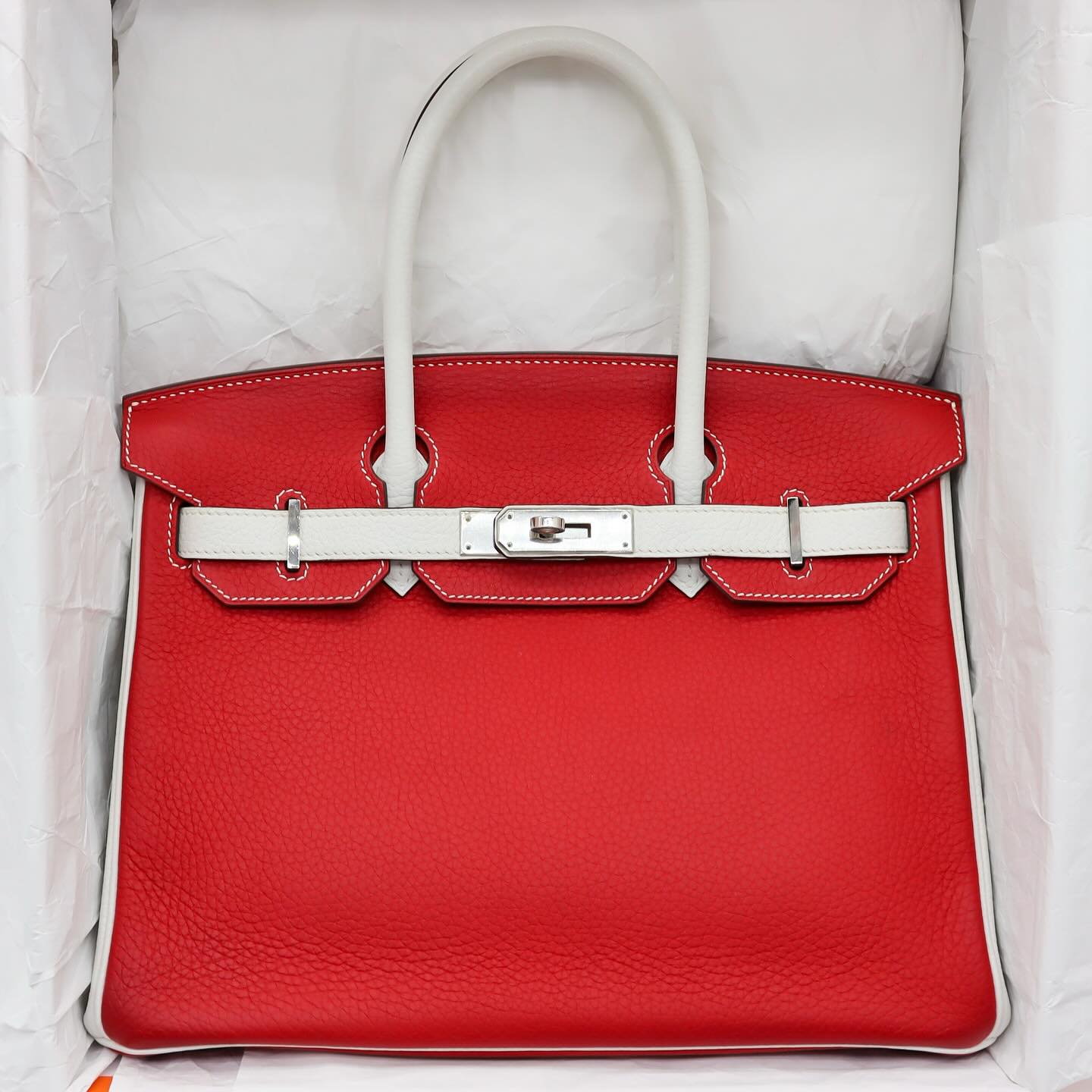 🤍 Hermès Handbag || 30cm Birkin HSS Rouge Casaque/White Clemence Leather || Palladium Hardware •