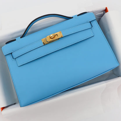 🩵 Hermès || Kelly Pochette Bleu Celeste Swift Leather || Gold Hardware