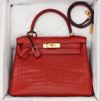 ❤️ Hermès || 28cm Kelly Retourne Rouge H Matte Niloticus Crocodile || Gold Hardware