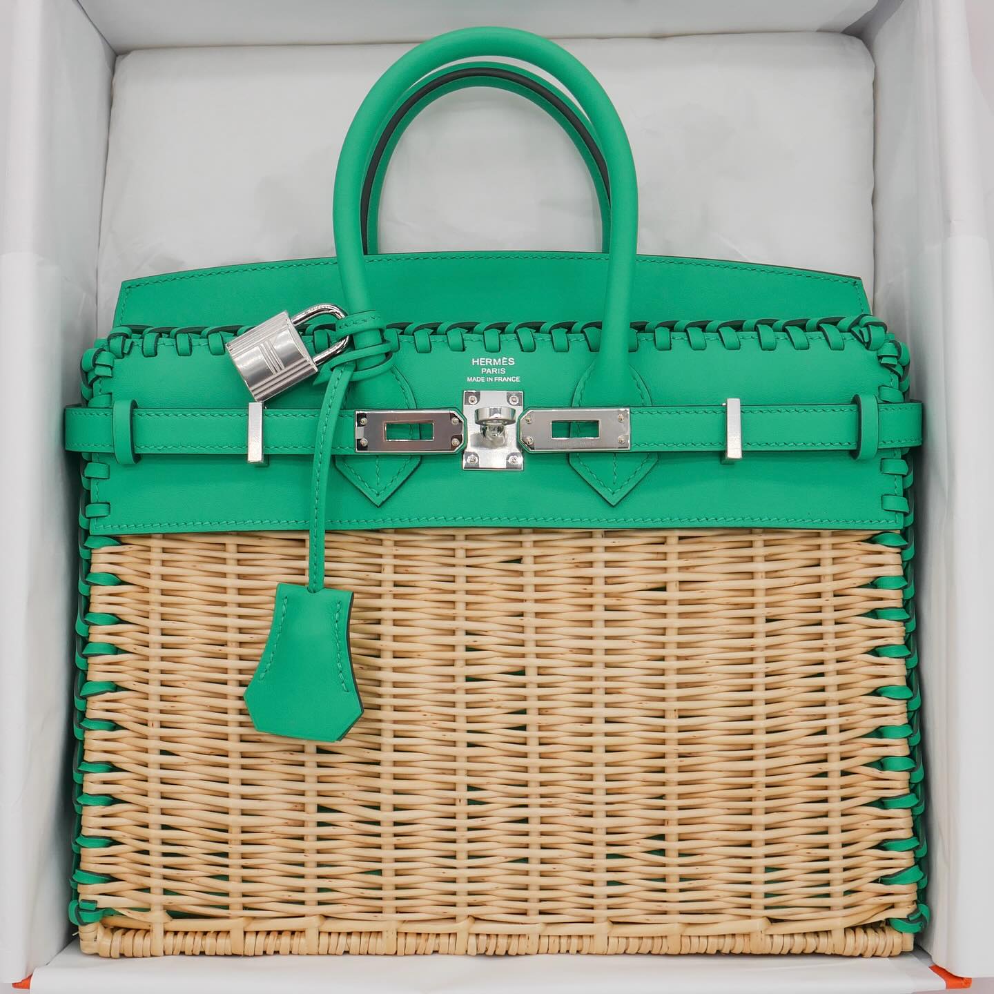 🧺 Hermès Handbag || 30cm Birkin Picnic Menthe Swift Leather || Palladium Hardware