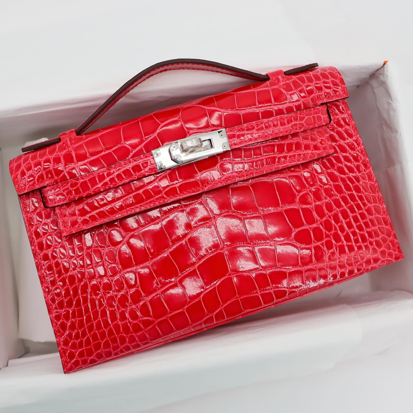 🌹 Hermès || Kelly Pochette Rose Extreme Shiny Alligator || Palladium Hardware •