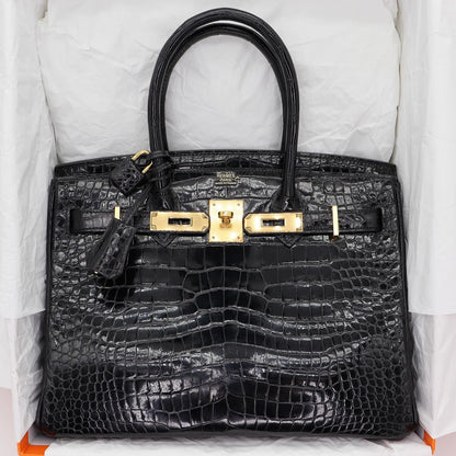 🖤🐊 Hermès || 30cm Birkin Black Shiny Porosus Crocodile || Gold Hardware