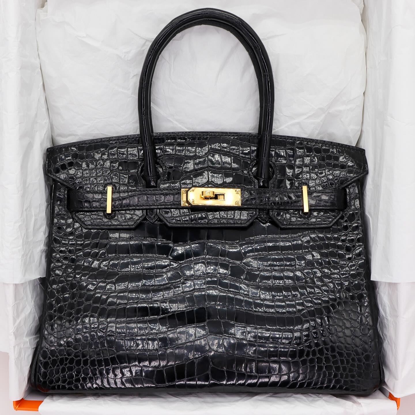 🖤🐊 Hermès || 30cm Birkin Black Shiny Porosus Crocodile || Gold Hardware