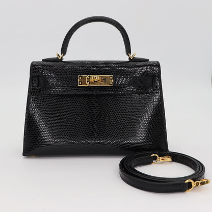 🦎 Hermès || Mini Kelly II Black Shiny Lizard || Gold Hardware