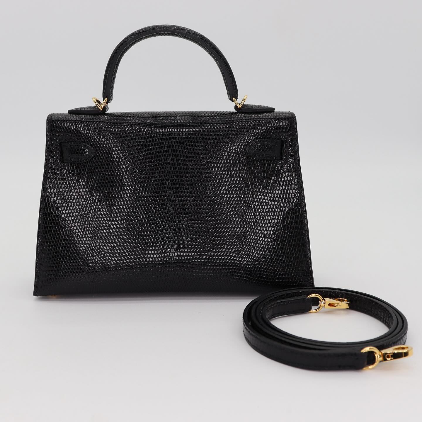 🦎 Hermès || Mini Kelly II Black Shiny Lizard || Gold Hardware