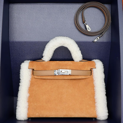 🧸 Hermès Mini Kelly Teddy Chamois/Ecru/Alezan Suede/Shearling/Swift Leather Palladium Hardware