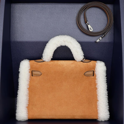 🧸 Hermès Mini Kelly Teddy Chamois/Ecru/Alezan Suede/Shearling/Swift Leather Palladium Hardware