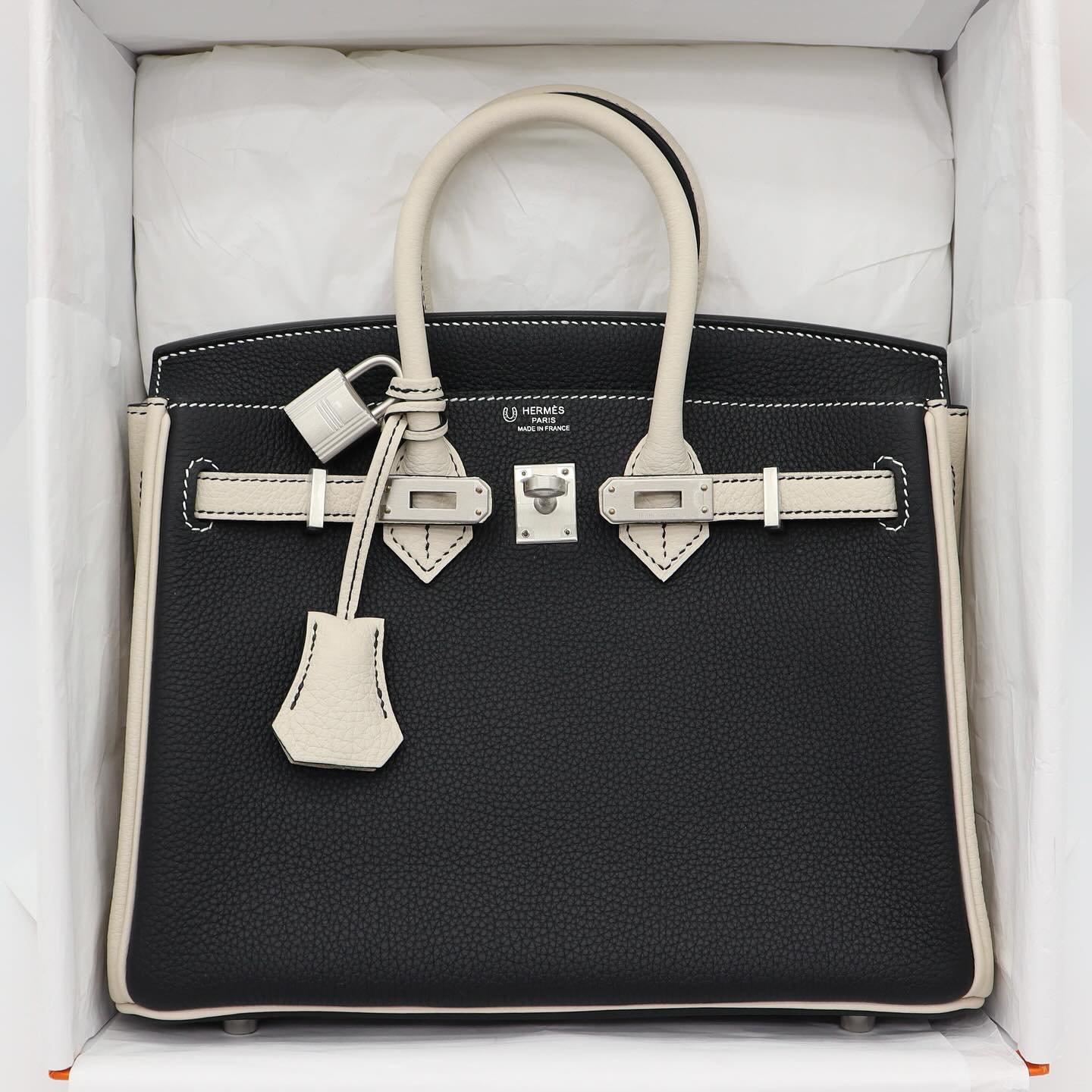 🐼 Hermès Handbag || 30cm Birkin HSS Black/Craie Togo Leather Brushed || Palladium Hardware