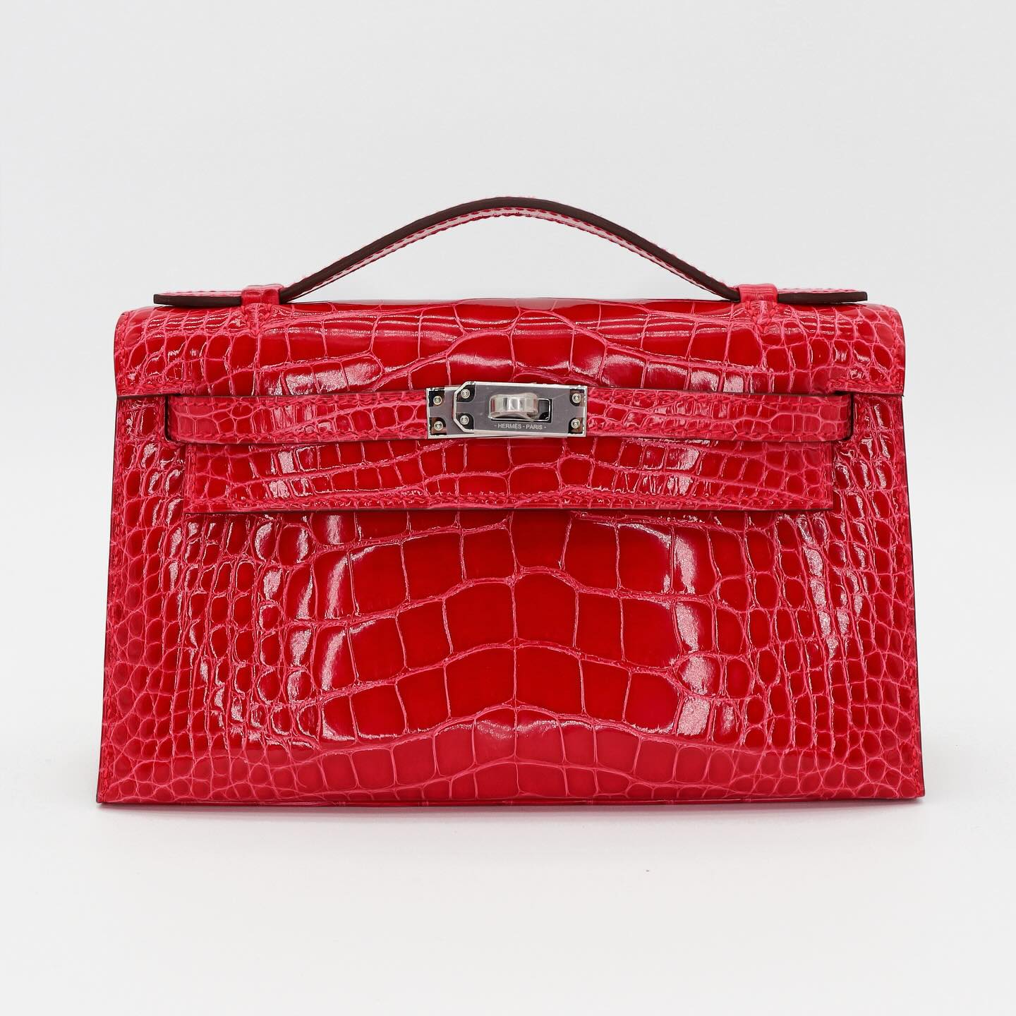 🌹 Hermès || Kelly Pochette Rose Extreme Shiny Alligator || Palladium Hardware •