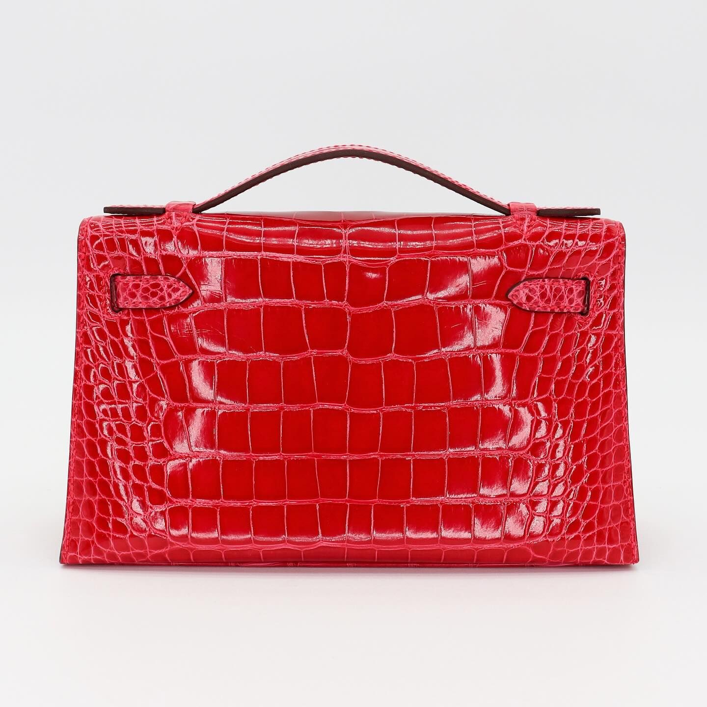 🌹 Hermès || Kelly Pochette Rose Extreme Shiny Alligator || Palladium Hardware •