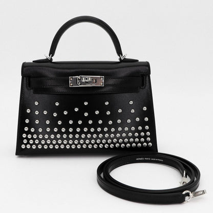 🗝️ Limited Edition! Hermès Mini Kelly II Black Box Calf Studded Leather Palladium Hardware