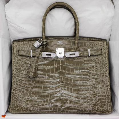 💎 Hermès Handbag || 30cm Birkin Gris Tourterelle Shiny Porosus Crocodile || Diamond Hardware