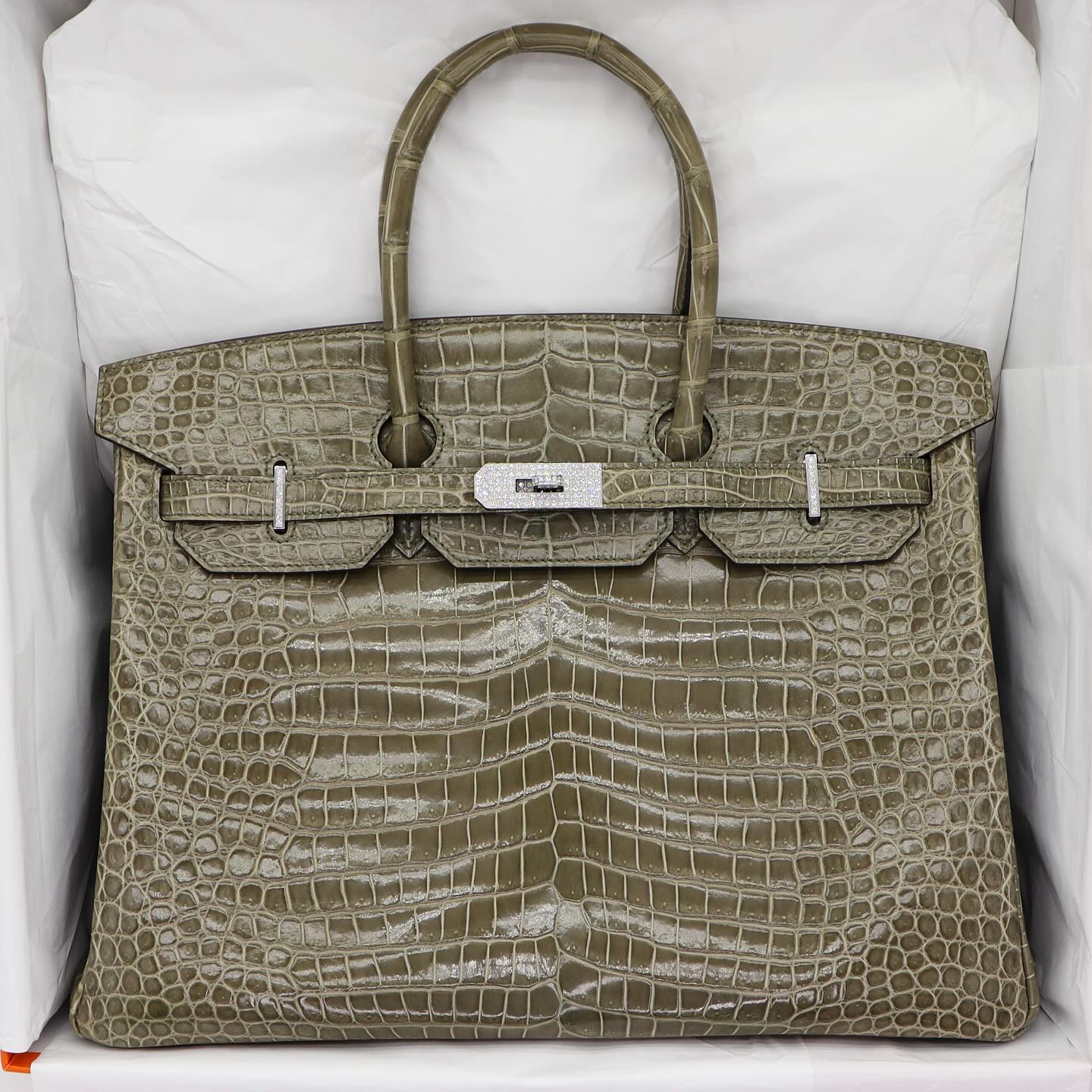 💎 Hermès Handbag || 30cm Birkin Gris Tourterelle Shiny Porosus Crocodile || Diamond Hardware