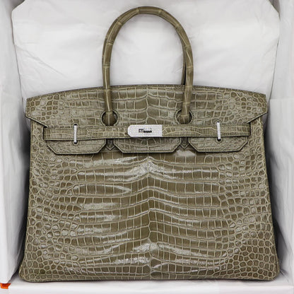 💎 Hermès Handbag || 30cm Birkin Gris Tourterelle Shiny Porosus Crocodile || Diamond Hardware