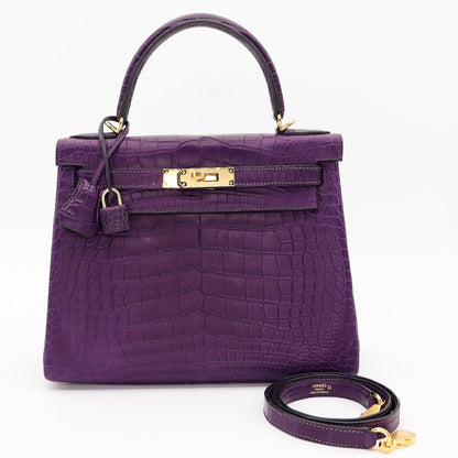 🔮 Hermès || 28cm Kelly Retourne Amethyst Matte Alligator || Gold Hardware