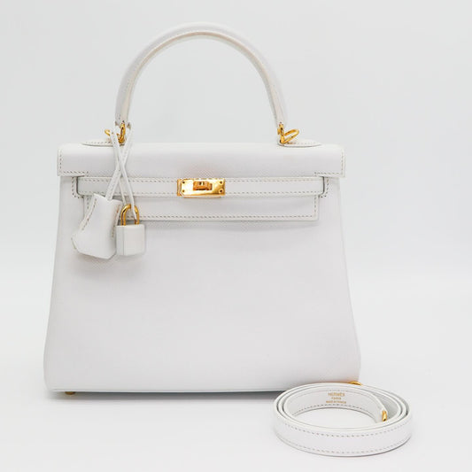 🤍 Hermès || 25cm Kelly Retourne White Epsom Leather || Gold Hardware