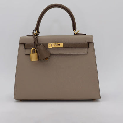 🩶 Hermès 25cm Kelly Sellier HSS Gris Tourterelle/Etoupe Chèvre Brushed Gold Hardware