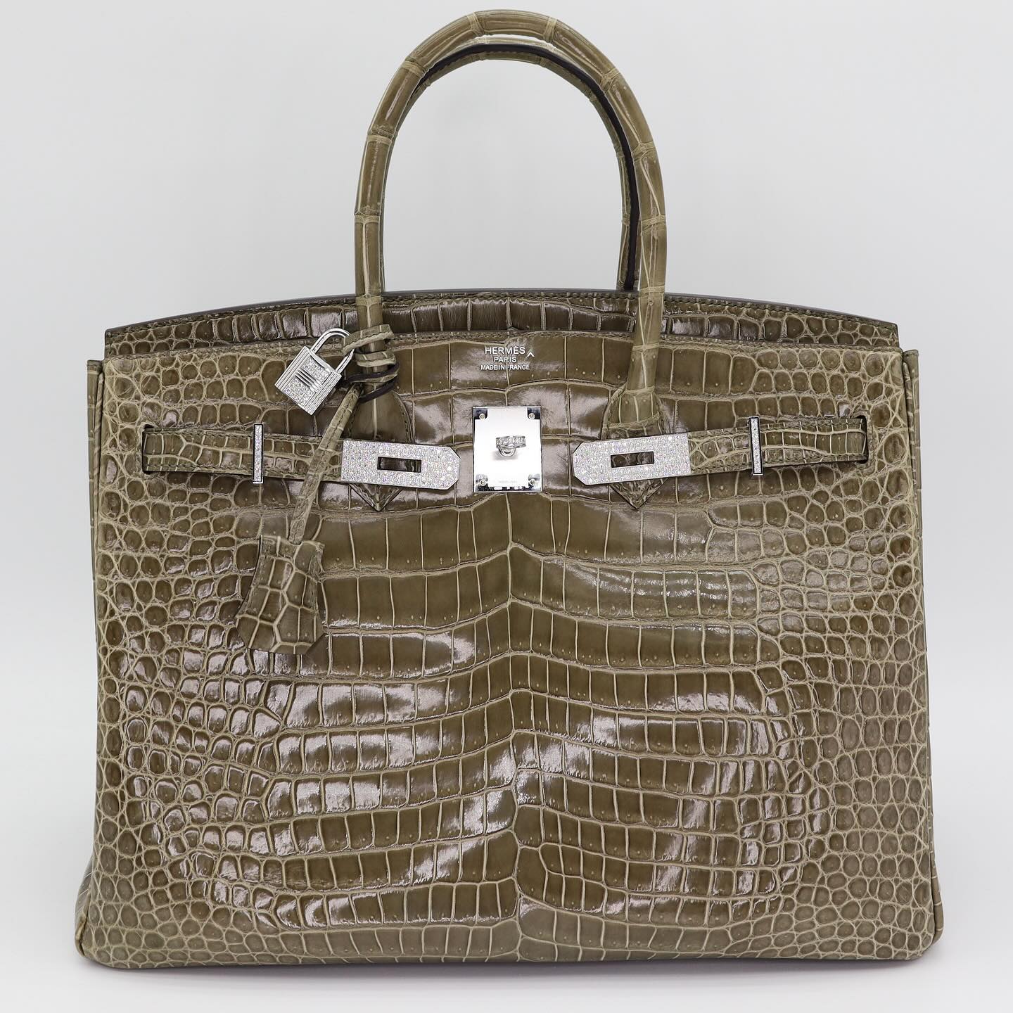 💎 Hermès Handbag || 30cm Birkin Gris Tourterelle Shiny Porosus Crocodile || Diamond Hardware