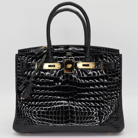 🖤🐊 Hermès || 30cm Birkin Black Shiny Porosus Crocodile || Gold Hardware