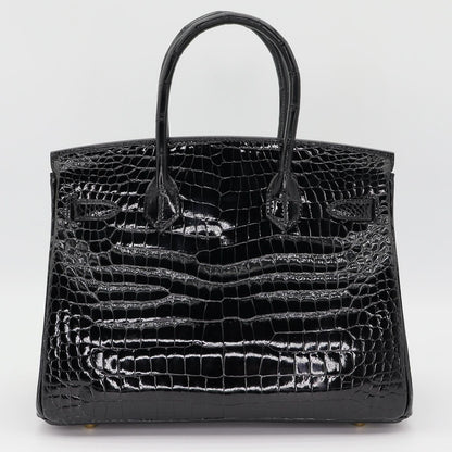 🖤🐊 Hermès || 30cm Birkin Black Shiny Porosus Crocodile || Gold Hardware